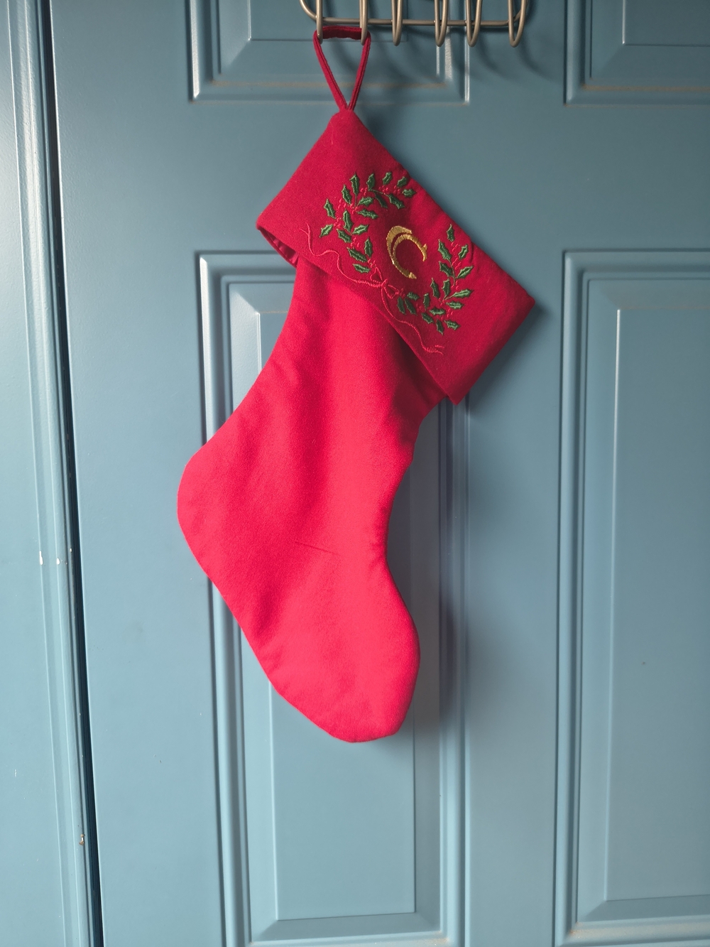 Red Holiday Stocking with Embroidered Wreath - Brand